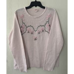 Vintage Pink Adrian Delafield Embroidered Faux Pearl Cottagecore Sweater Large
